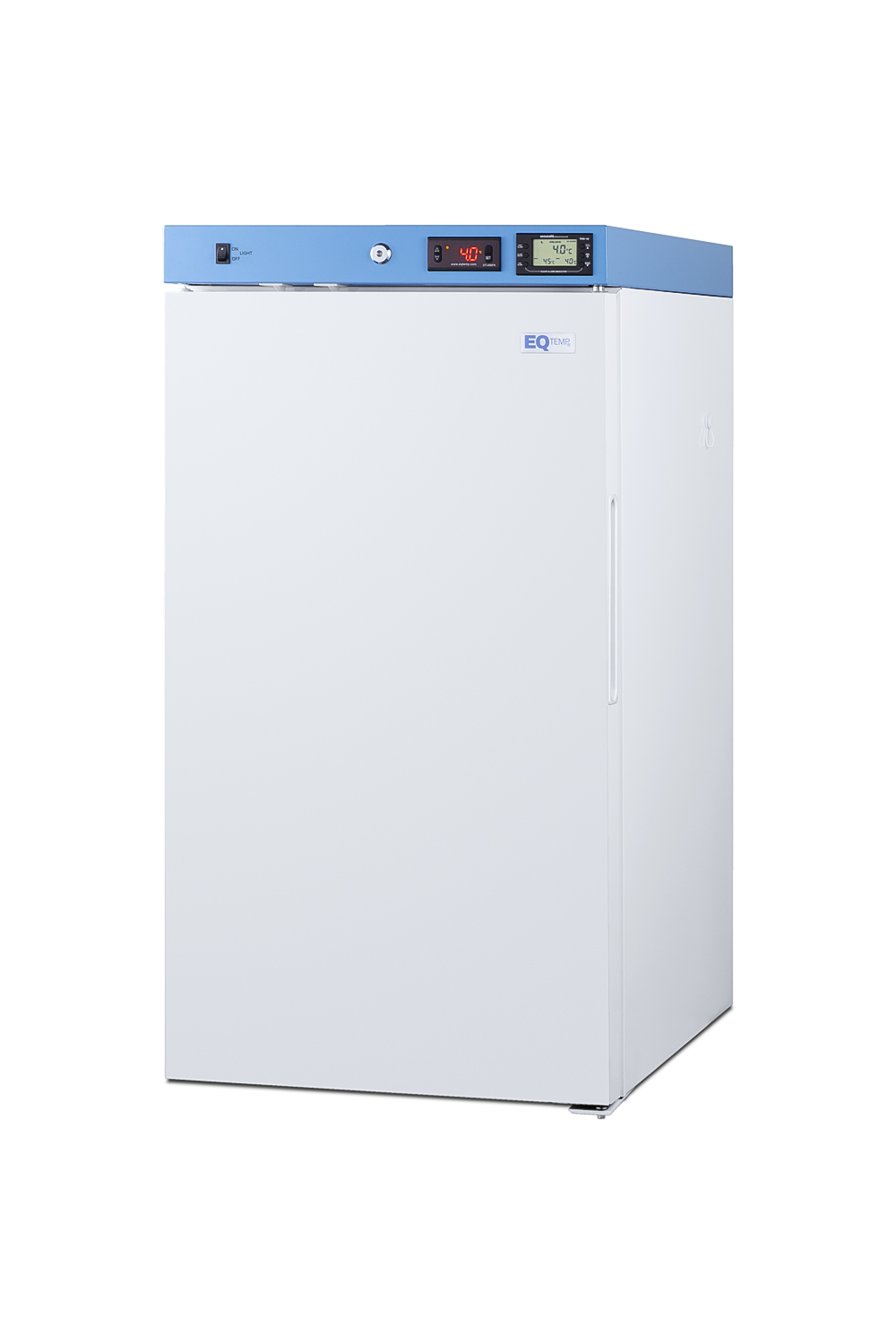 Healthcare all-refrigerator certified to NSF/ANSI 456 with self-closing solid door, front lock, digital controls, and NIST calibrated temperature readout